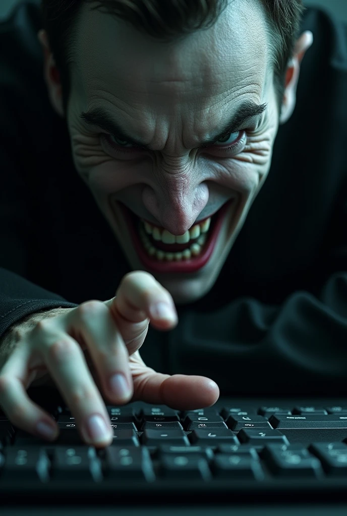 a large dark computer keyboard, a finger touching the keyboard, a sinister smile on a person's face, close-up POV from the finger's perspective showing the evil smile, detailed facial features, dramatic lighting, (best quality,4k,8k,highres,masterpiece:1.2),ultra-detailed,(realistic,photorealistic,photo-realistic:1.37),cinematic lighting,dramatic shadows,dramatic chiaroscuro,high contrast,moody atmosphere. Ugly face