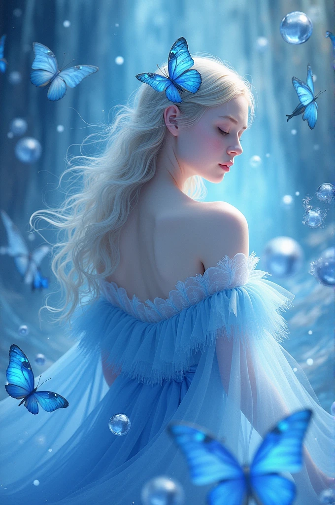 A girl based on the color blue:💙,🩵,🫂,🪼,🦋,🧊,🌀,🥏,🧿 but with very white skin and clothing based on:👕,👖,🧥,👗👘,