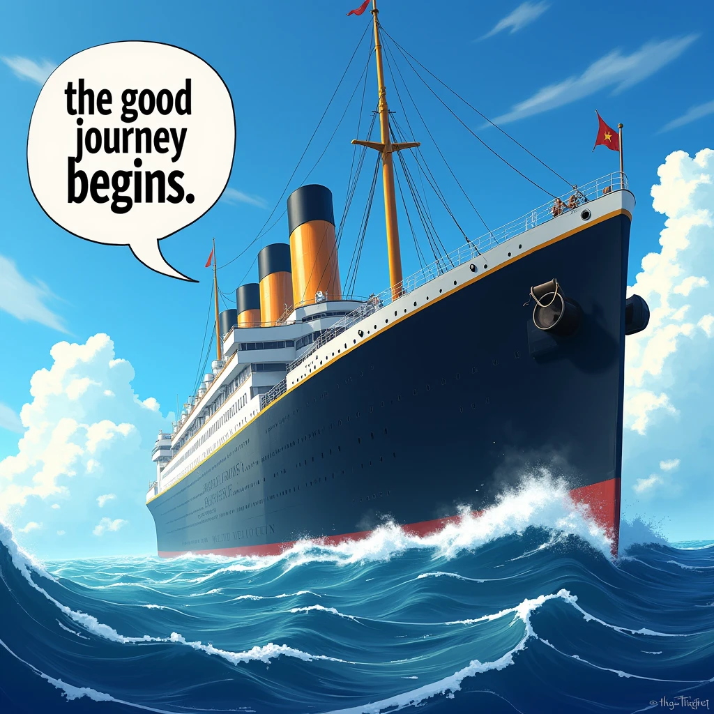 A cinematic medium shot of a large anime-style ship named "Titanic". In the foreground, there is a speech bubble with the text "The Good journey begins". There is a space on the left side of the ship to add a captain's face. The background contains a vast ocean with waves.