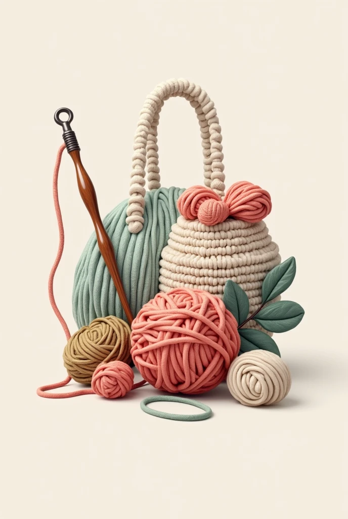 I want to generate photo looks like a logo. The name of that photo should be "yarn Art Creation". As a symbol of it, use a null ball, a needle and a crochet bag as you feel beautiful. Arrange this in a way that is pleasing to the eyes of people.