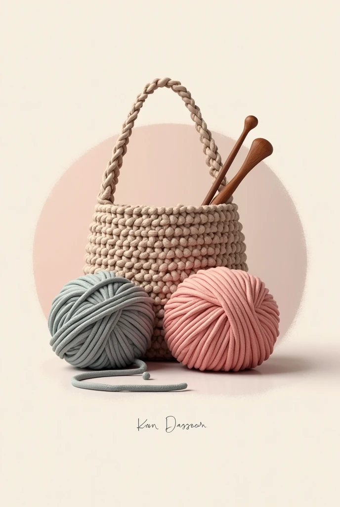 I want to generate photo looks like a logo. The name of that photo should be "yarn Art Creation". As a symbol of it, use a null ball, a needle and a crochet bag as you feel beautiful. Arrange this in a way that is pleasing to the eyes of people.