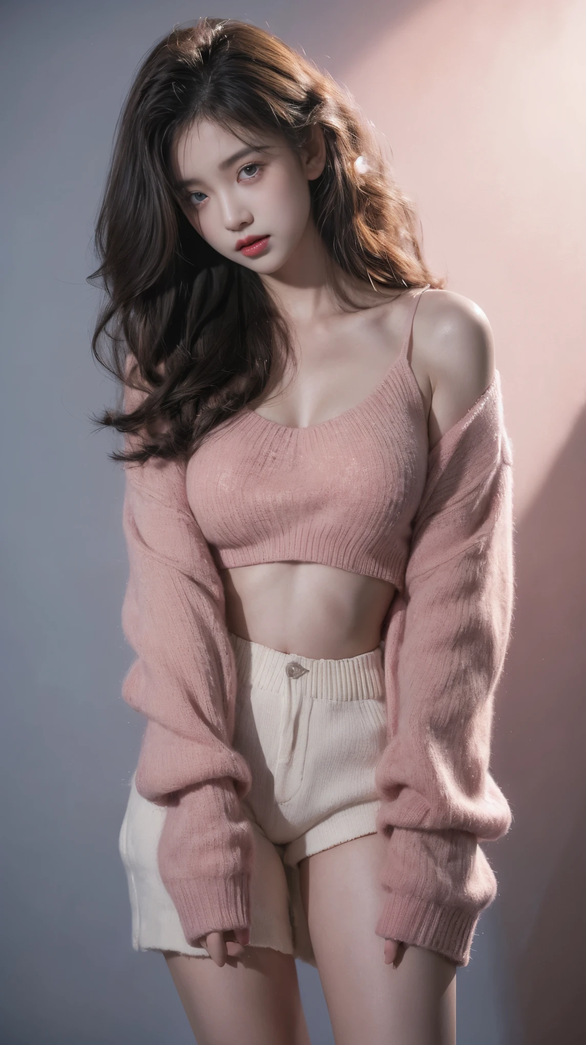 2 girl,(Wearing an oversized pink sweater), hot pants, Natural Medium Breast, plump body,Single Sidelock Hairpin Blush Modern Cinematic Lighting,ray tracing,Drop Shadow Wide Shot UHD,textured skin,high details,Best quality 4K, blue background, full body pose, Curly hair