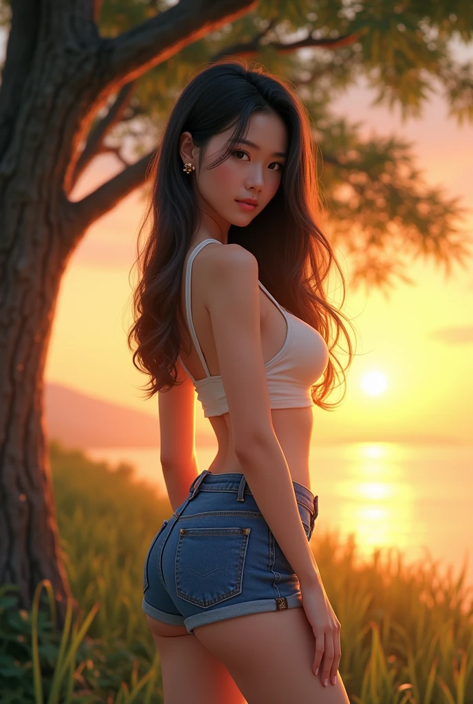 Generate a white Korean girl in hot very small shorts and short bra standing near a tree and sunset 