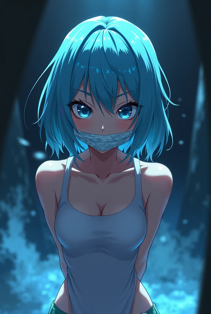 create an image of a female character (do anime demon slayer) with ice breath and light blue hair with her arms tied behind her back and her mouth gagged with a long cloth in a captivity