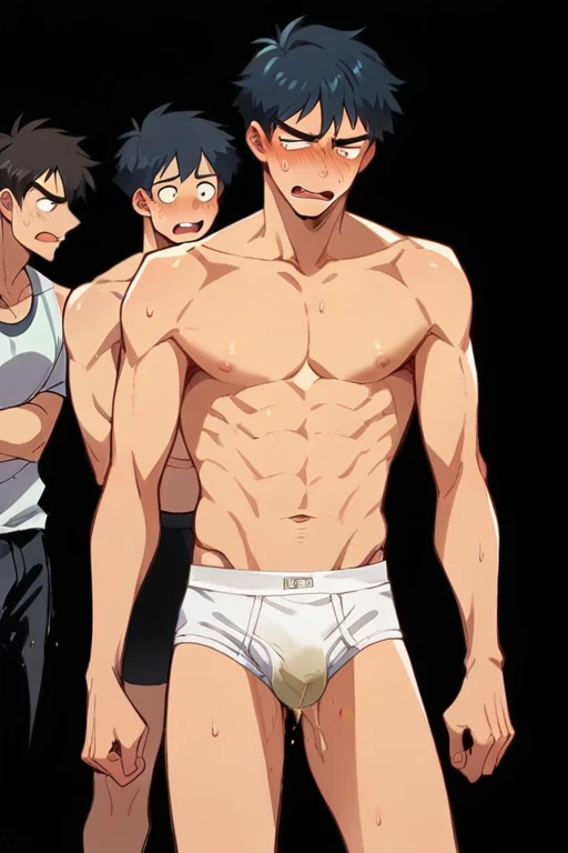 Bed room, There's a slender and mascular young man in his white briefs. He has pissed his pants. There's a pee wet spot at his bulge of his briefs. Pee stain , He looks embarrassed and ashamed of peeing himself. Anime.