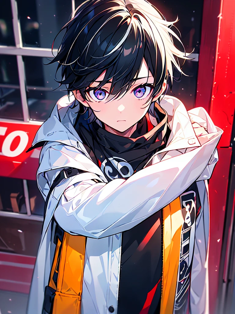 [(GARAGE BACKGROUND:1.5),::5], ((((masterpiece)))), high quality, ultra very high resolution, full color, (((solo))), ((little boy)), Black hair, ((White streaked hair)), (Black eyes), anime, ((upper body)), black parka,