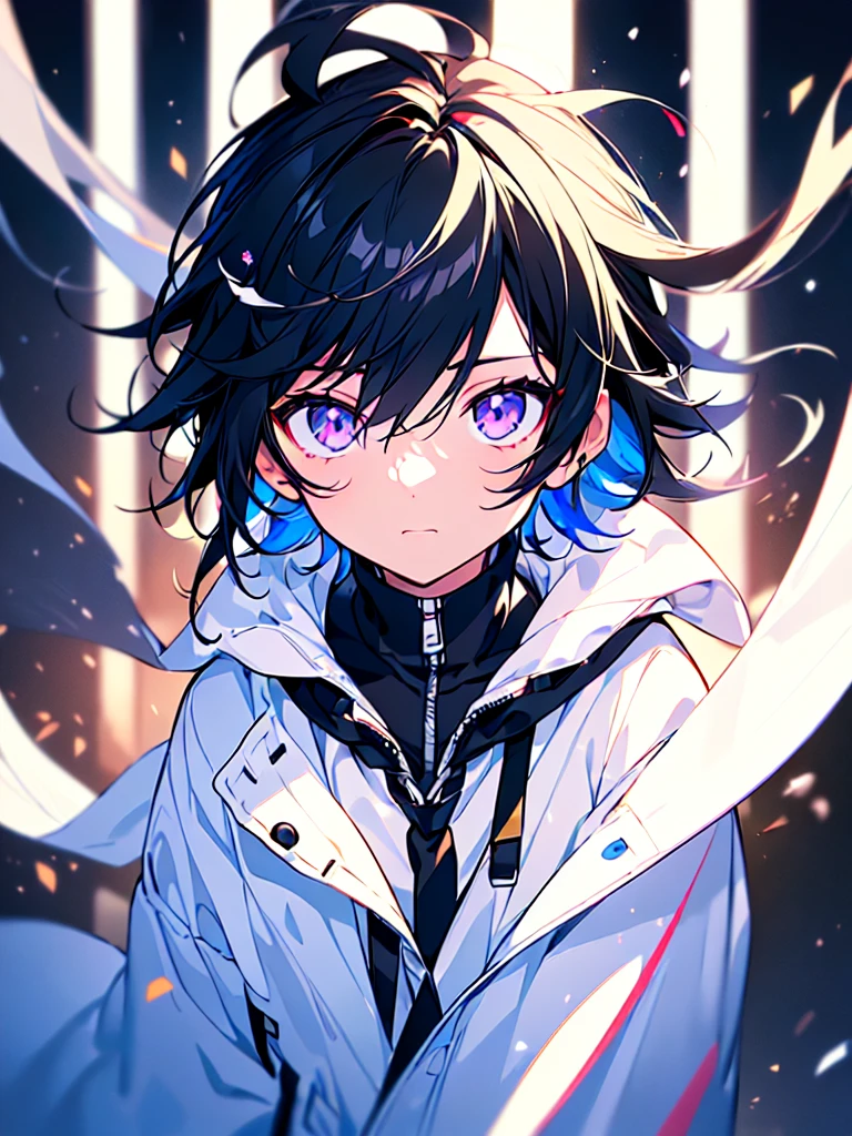 [(GARAGE BACKGROUND:1.5),::5], ((((masterpiece)))), high quality, ultra very high resolution, full color, (((solo))), (()), Black hair, ((White streaked hair)), (Black eyes), anime, ((upper body)), black parka,
