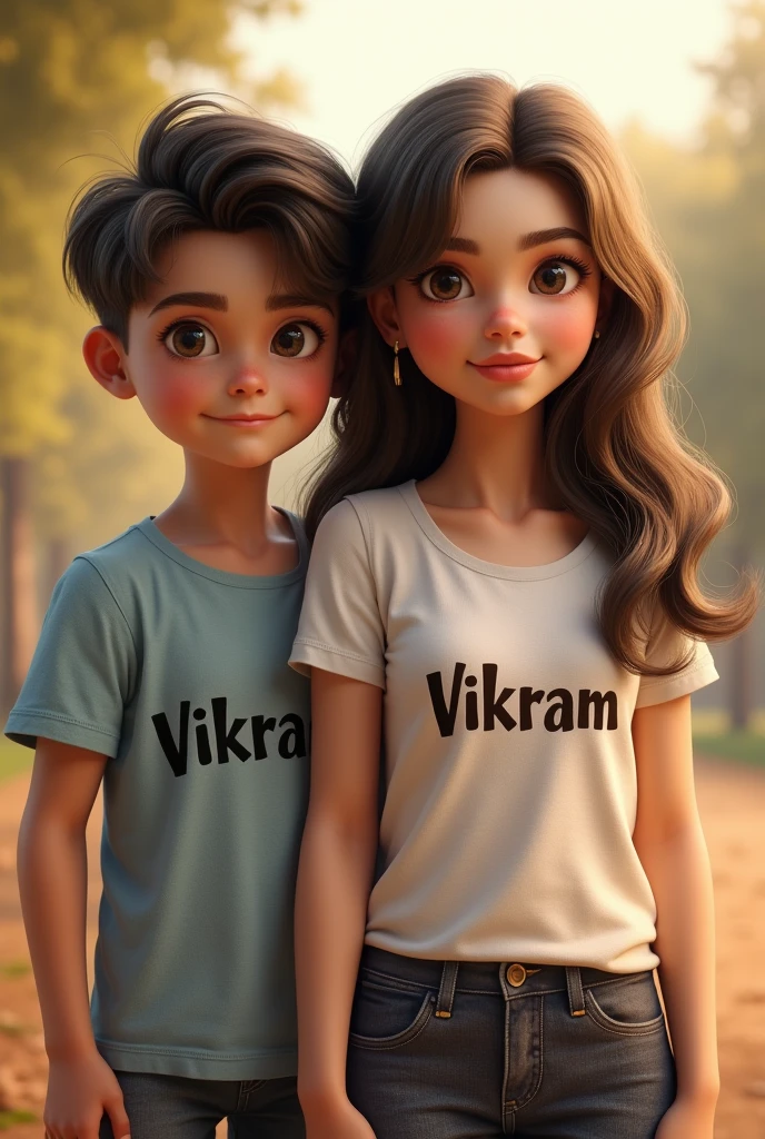 (photorealism:1.2), beautiful girl standing with aboy who wearing a t-shirt of name Vikram 
