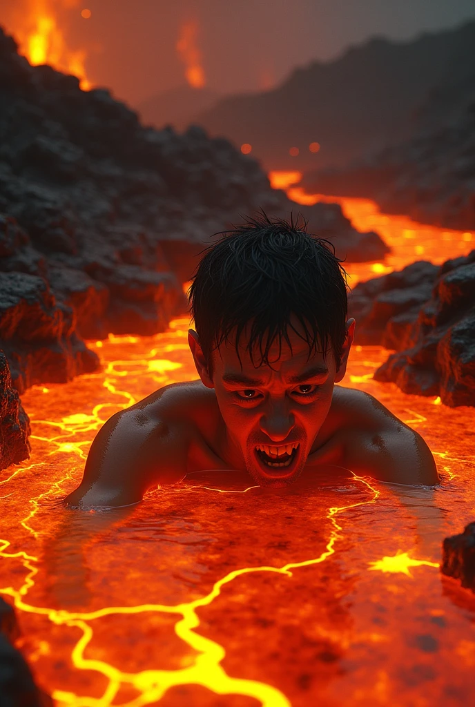 A person sinking into lava with half body in lava is scared from sinking into lava with emotions