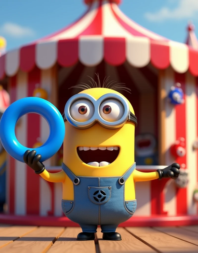 Minion Kevin holding the blue ring .standing in front of the stuffed animal tossing booth 