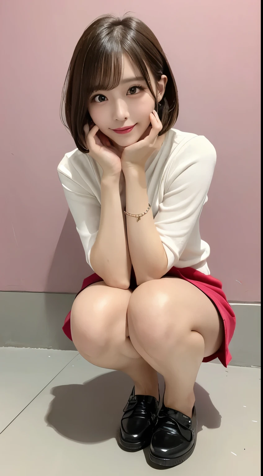 In detail,Full body photo、 smile、High resolution, high quality、Perfect dynamic composition, Beautiful details, blonde、Bobcut、Natural color lip,Kamimei、1 person、1 person、Beautiful Skin、White shirt、Red mini skirt、Thighs、Shiny Hair、最high quality, shape, Very detailed, In detail, High resolution, 8k、The correct state of the human body、Squat、Sculpture model pose,Pink Wall