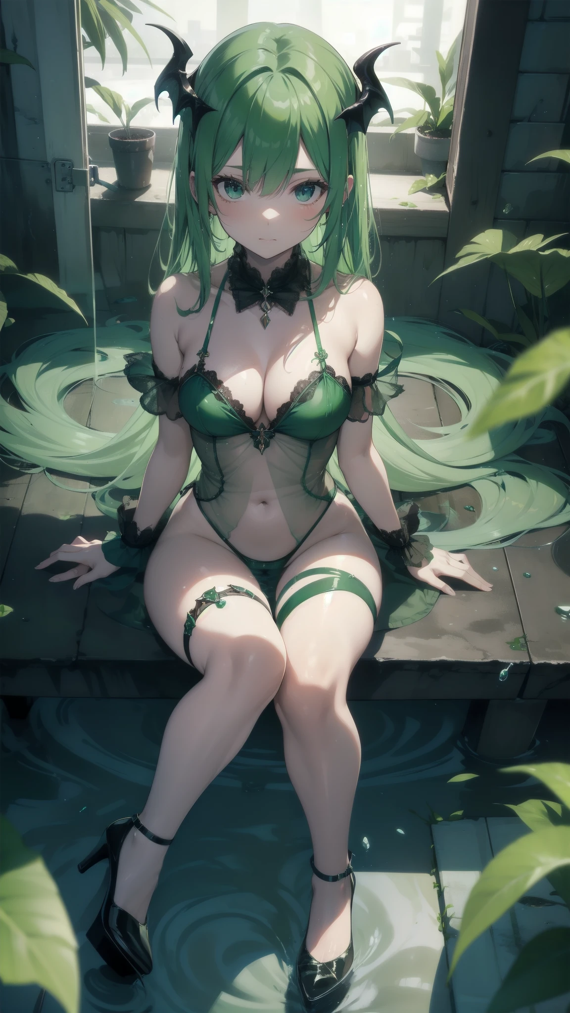 ,High heel,stringy viscous liquid,underwear,succubus,Green Hair,sitting,open legs,transparent,Soaked,shy