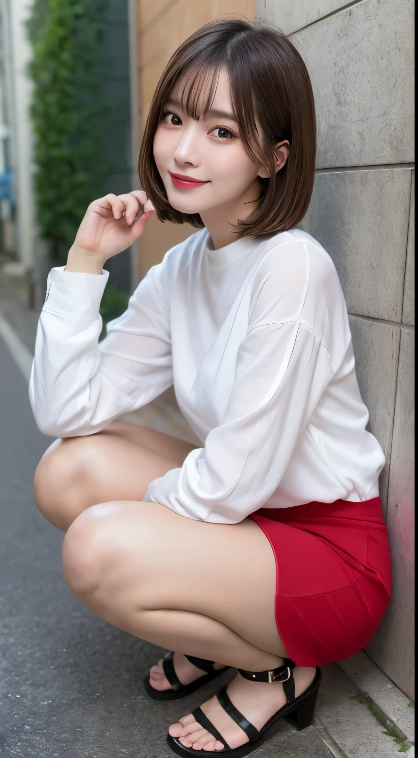 In detail,Full body photo、 smile、High resolution, high quality、Perfect dynamic composition, Beautiful details, blonde、Bobcut、Natural color lip,Kamimei、1 person、1 person、Beautiful Skin、White shirt、Red mini skirt、Thighs、Shiny Hair、最high quality, shape, Very detailed, In detail, High resolution, 8k、The correct state of the human body、Squat、Sculpture model pose,Pink Wall