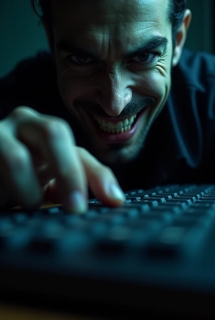 a large dark computer keyboard, a finger touching the keyboard, a sinister smile on a person's face, close-up POV from the finger's perspective showing the evil smile, detailed facial features, dramatic lighting, (best quality,4k,8k,highres,masterpiece:1.2),ultra-detailed,(realistic,photorealistic,photo-realistic:1.37),cinematic lighting,dramatic shadows,dramatic chiaroscuro,high contrast,moody atmosphere