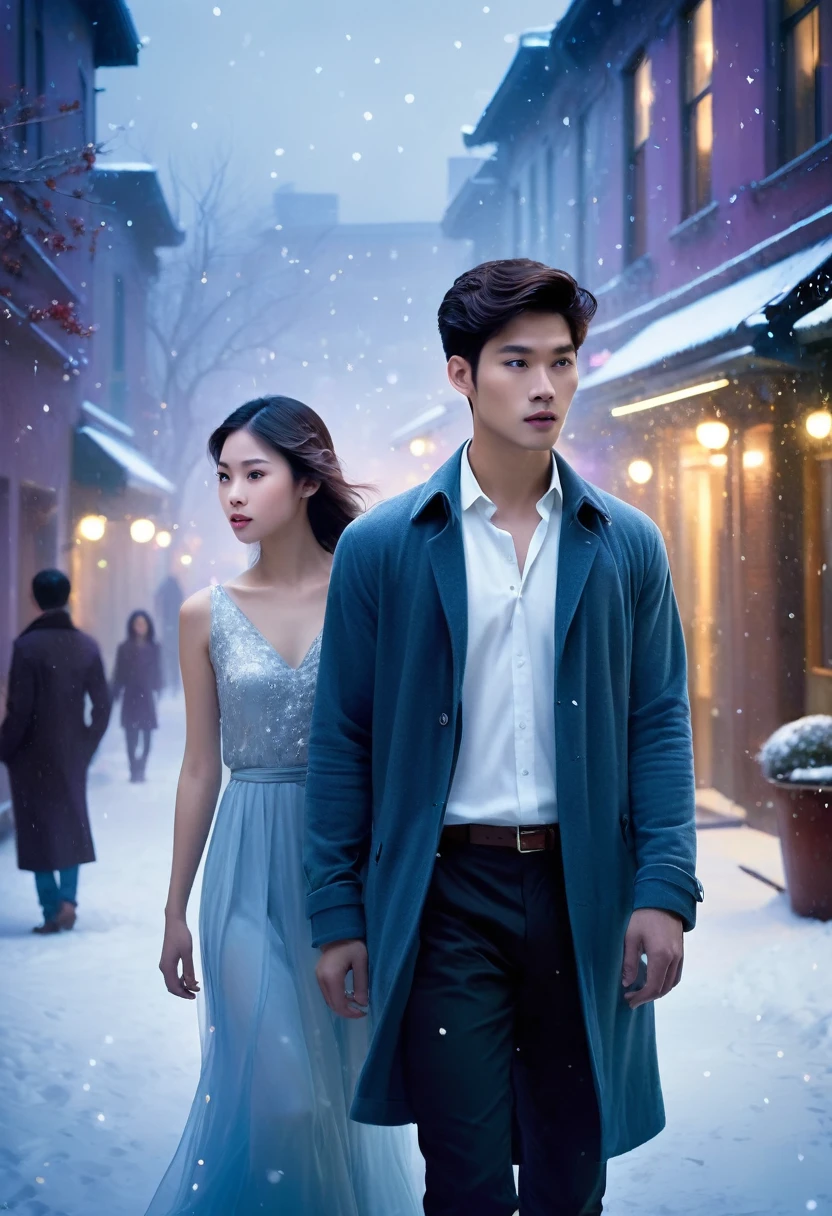 Create a softly blurred cityscape or an atmospheric apartment setting at twilight. Add subtle hints of ethereal light or mist to evoke a sense of mystery and romance. A disappearing young charming man with a playful look on his face,  facing him is a young beautiful asian women looking at him with a mixed expression of confusion and frustration. The Young woman should be depicted in a contemporary outfit, looking both intrigued and exasperated.  Position them to suggest their interaction, with the young woman looking at the Young man .Use a palette of cool blues, soft purples, and silvers to convey the supernatural theme. Add touches of warm gold or red to hint at romance and create visual interest. Incorporate subtle ghostly motifs, such as floating objects or faint, whimsical swirls around the Young Man to emphasize his ethereal nature. A touch of snow or twinkling lights could enhance the romantic and whimsical atmosphere. The overall mood should blend humor, romance, and a touch of mystery. Ensure the cover conveys the lighthearted yet intriguing nature of the story, drawing readers in with its promise of supernatural romance and comedic adventures.

