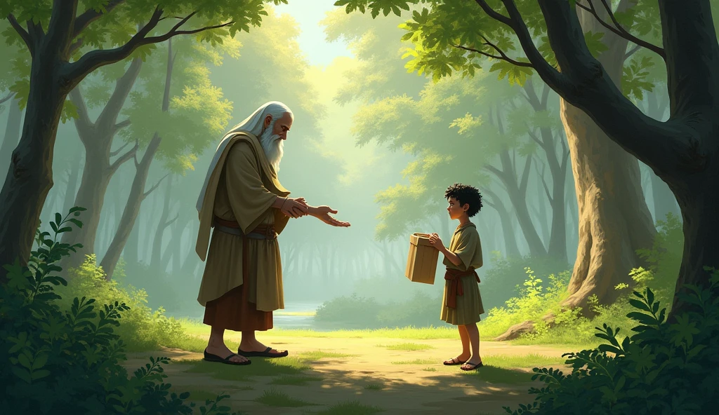 Ashvak’s Training Begins**: The sage teaching Ashvak to carry light loads, guiding him with gentle hands and a calm voice, in the open clearing of the forest