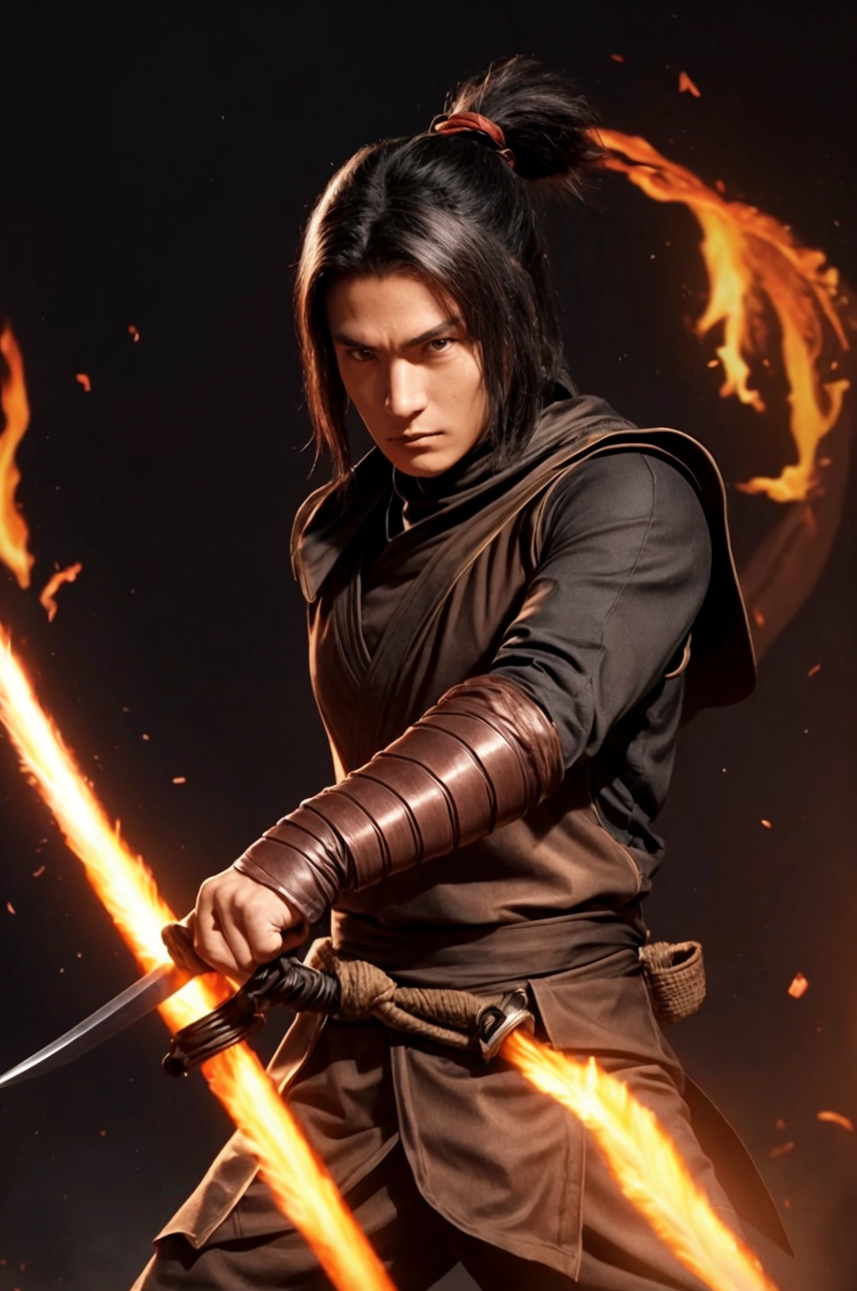 bronze ninja clothes, Show your face in the photo of the fire sword 