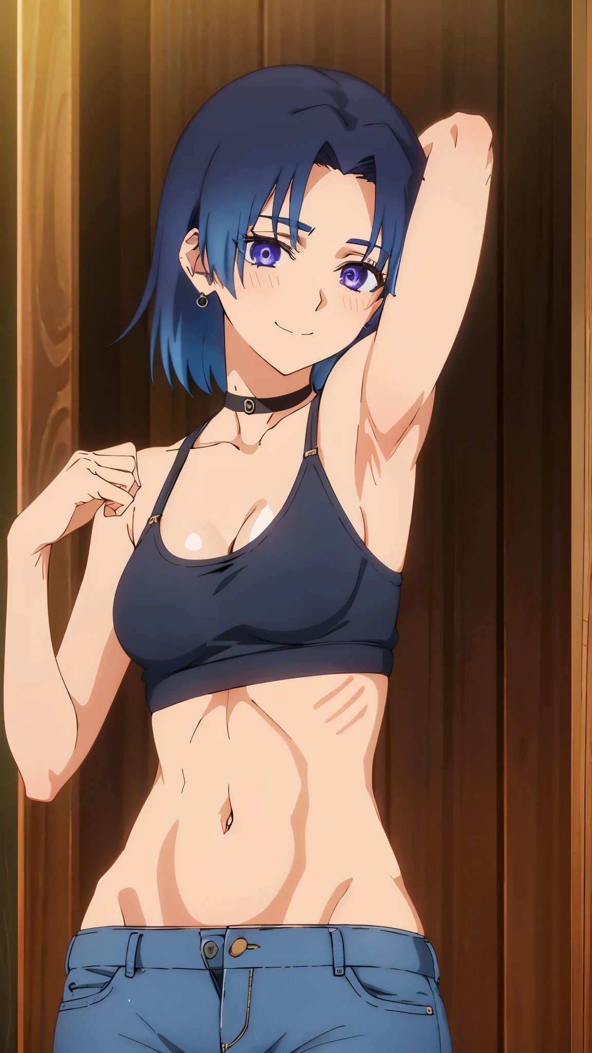 tall girl, 1girl, anime artstyle, masterpiece, highres, solo, 8k, detailed, perfect face, best quality, (ultra high quality), looking viewers, (armpit), collarbone, bare arm, (small breast), cleavage, dark blue hair, gradation hair color middle parted hair, short hair, violet eyes, sharp eyes, belly, stomach, navel, abs, earrings, chocker, micro bikini, mini short, denim short, thighs, slim body, (upper body), smile, blush, at forest, hands up