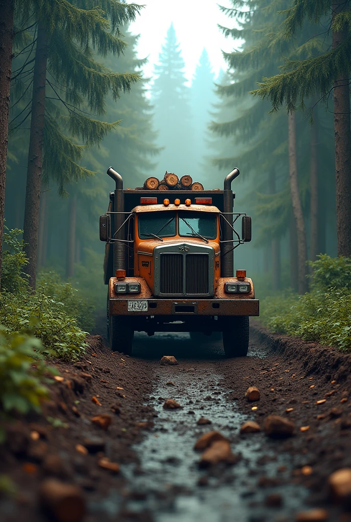 Wood carrying truck in the middle of muddy forest in a extra premium look backgorund with a dark and lightish shade 