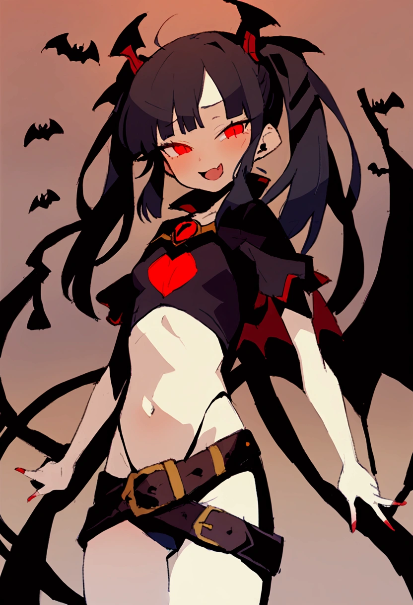 超detailed、Highest quality、masterpiece、cartoon style、a girl、solo、navel、slender body、Black Hair、Twin tails、Long Hair、Red glowing eyes、detailed、Highest quality、masterpiece、hort top、smile、Open Mouth、Double teeth、mesugaki、devilの角、Bat Wings、Detachable sleeves、devil、Black Cape、belt、Half-closed eyes