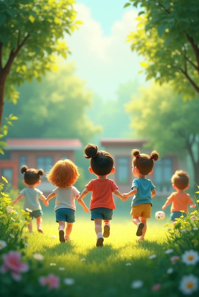Children playing innocently Back view Kindergarten green