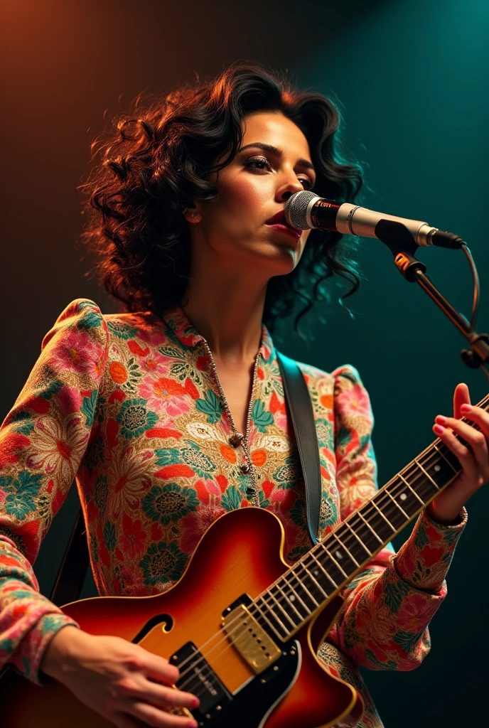 awesome beautiful amy winehouse playing guitar wearing a Stunning Masterpiece of colorful geometric floral pattern dress, beautiful, incredible Lovely, excessive realistic textures. Excessive detailed,, best Masterpiece, Best quality, 12k, hdr+, accurate photo