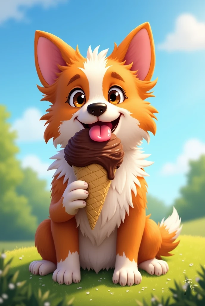 Caramel Border Collie eating chocolate ice cream