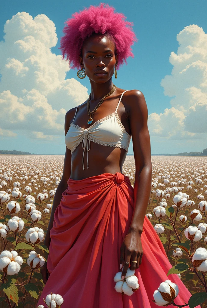 A black woman with pink hair and a skirt goes to pick cotton.