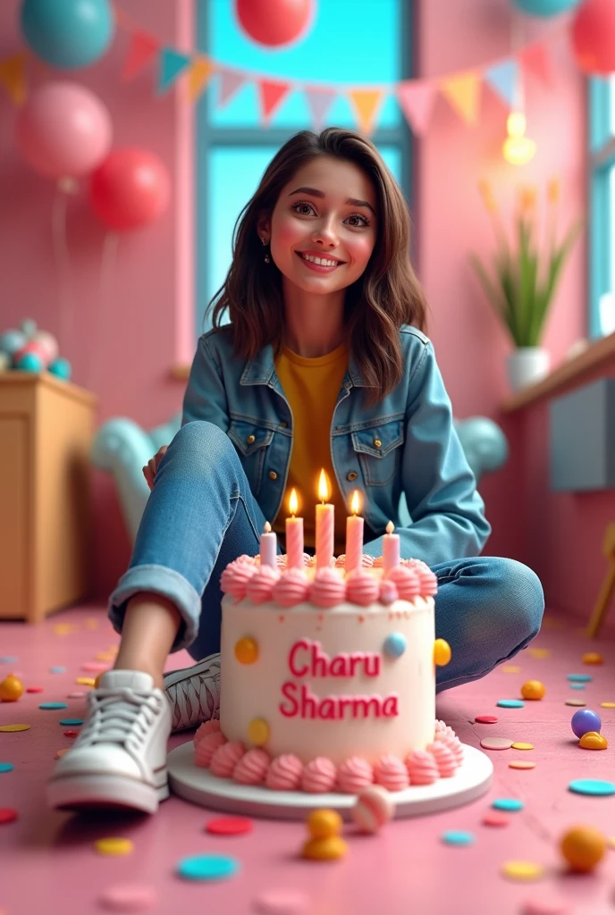 3D illustration of a girl
sitting casually on front of a cake. The character must wear casual moder clothing such as jeans jackets and sneakers shoes. The background of the image is a party theme. Write 'Charu Sharma' on the birthday cake. Make sure the text is not misspelled. His age is 20