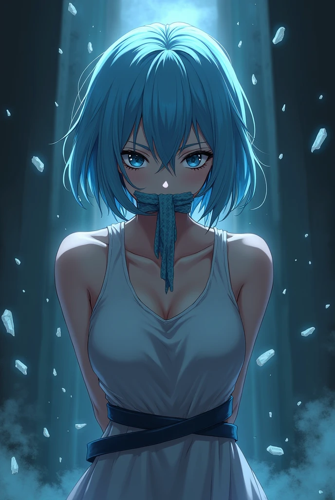 create an image of a female character (do anime demon slayer) with ice breath and light blue hair with her arms tied behind her back and her mouth gagged with a long cloth in a captivity