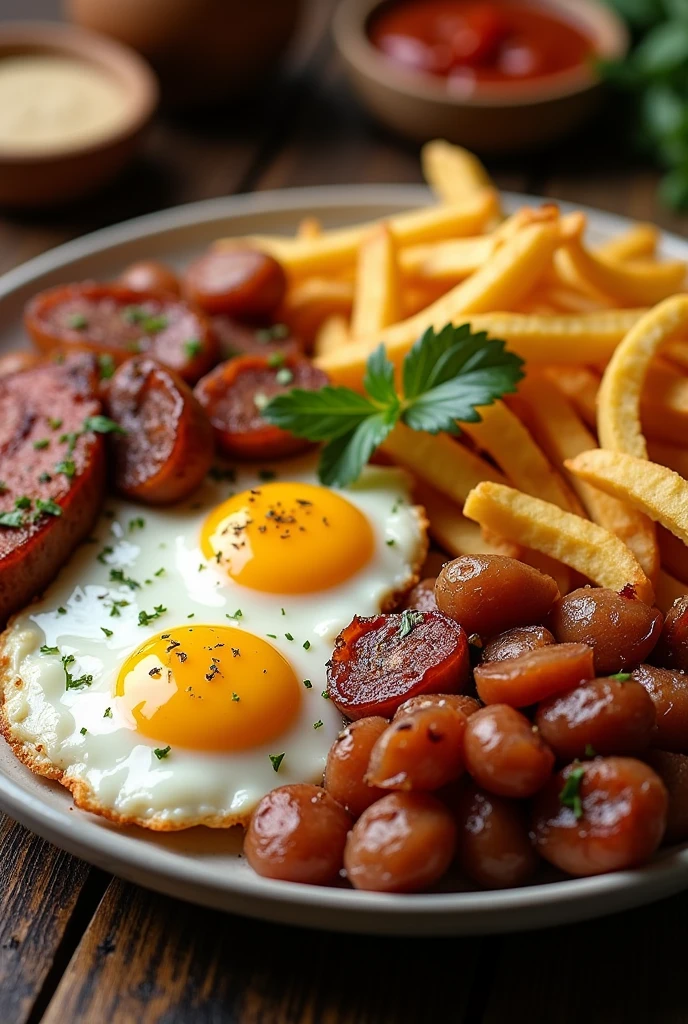 French fries with meat and sausage and fried eggs