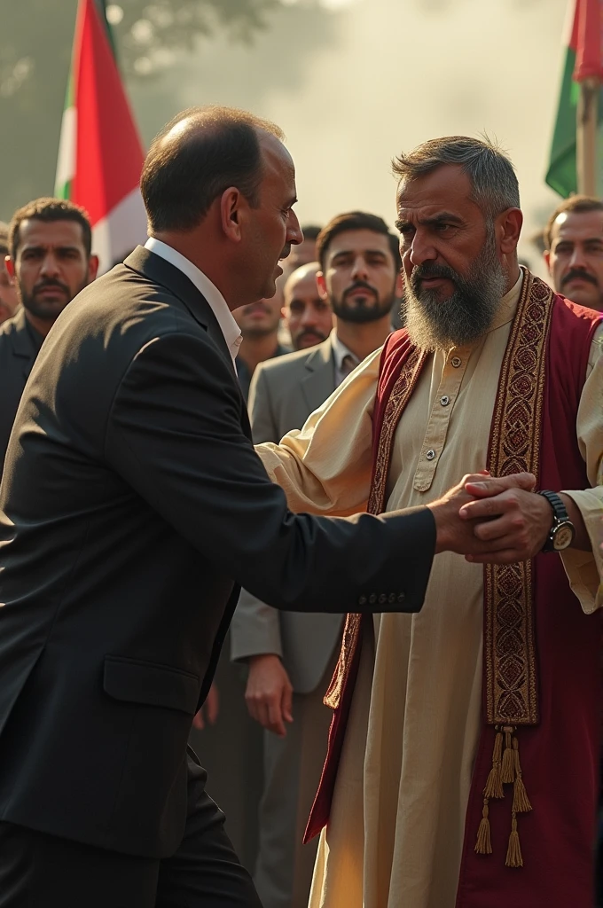 A Palestinian man with dress of Palestinian plag is killing a Israeli prime minister benymin nathaniho with dress of Israeli plag. This seen is looking some Palestinian people
