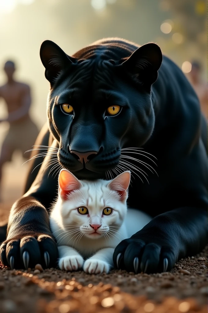 a black panther laying on top of a white cat, a picture, beautiful screenshot, tribe members attacking, mobile wallpaper, close-up!!!!!!