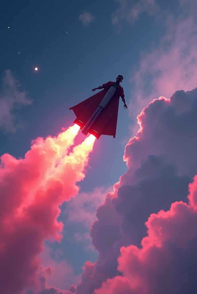  A man flying in air with jet soot night in background pink colour little cloudy 