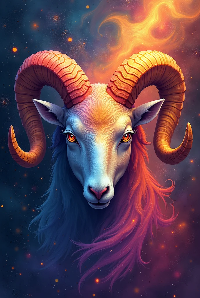 glowing rainbow color aries zodiac face with creative background