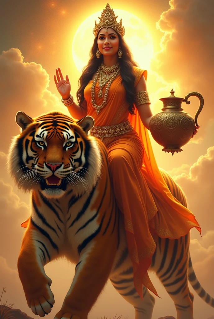 "Create an ultra-realistic image of Goddess Kushmanda Devi, depicted in all her divine glory as she rides an enormous, majestic tigress. She should be dressed in a vibrant orange saree, symbolizing her connection to the sun and her role as the creator of the universe. The saree should be intricately embroidered with gold patterns and sacred symbols, highlighting her cosmic and regal presence. Her skin should radiate with a golden glow, reflecting her divine nature and warmth. Her face should be serene yet powerful, with large, compassionate eyes and a gentle, confident smile that exudes grace and strength, black beautiful wavy hair, extreme long flowing hair.
She is wearing indian jewellerys as well as the beautiful indian tiara on her head.
With both the hands, she is holding an extreme very large beautiful designed pot.

The tigress she rides should be depicted as extremely large and powerful, with a fierce yet protective expression. The tigress's presence should convey strength, courage, and loyalty, perfectly complementing the goddess's commanding and nurturing nature.

The background should feature a celestial, vibrant landscape, perhaps with a warm, golden glow or the rays of a rising sun, symbolizing her role in energizing and creating the universe. The overall image should capture the essence of Goddess Kushmanda Devi’s creative power, divine authority, and nurturing warmth, presented in a highly realistic and detailed manner, with the enormous tigress emphasizing her strength and protective energy."