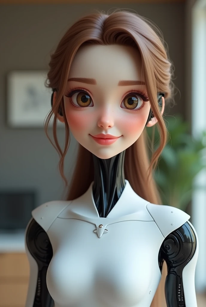 a friendly, approachable female AI figure with a warm smile. I’d probably have a modern, stylish look, perhaps with a touch of sophistication that makes me seem both professional and personable