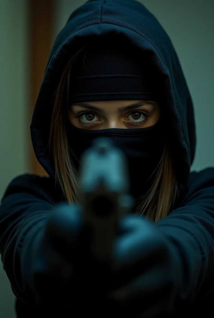 An image of a young teen female in a ski
Mask with a gun but she's in a dark room but it's visible to see on a picture being taken she has brown eyes and a black hoodie on