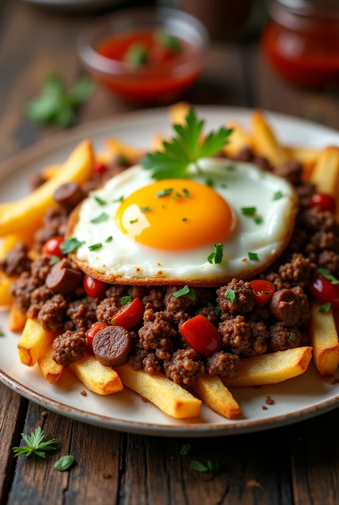 French fries with ground beef and sausage and fried egg