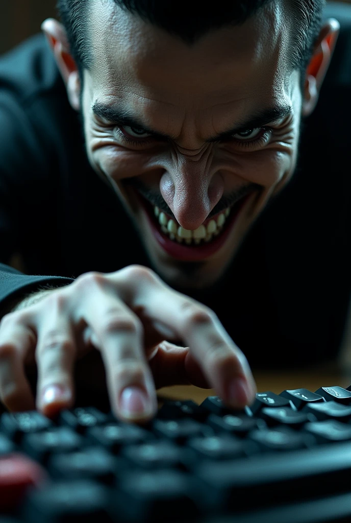a large dark computer keyboard, a finger touching the keyboard, a sinister smile on a person's face, close-up POV from the finger's perspective showing the evil smile, detailed facial features, dramatic lighting, (best quality,4k,8k,highres,masterpiece:1.2),ultra-detailed,(realistic,photorealistic,photo-realistic:1.37),cinematic lighting,dramatic shadows,dramatic chiaroscuro,high contrast,moody atmosphere