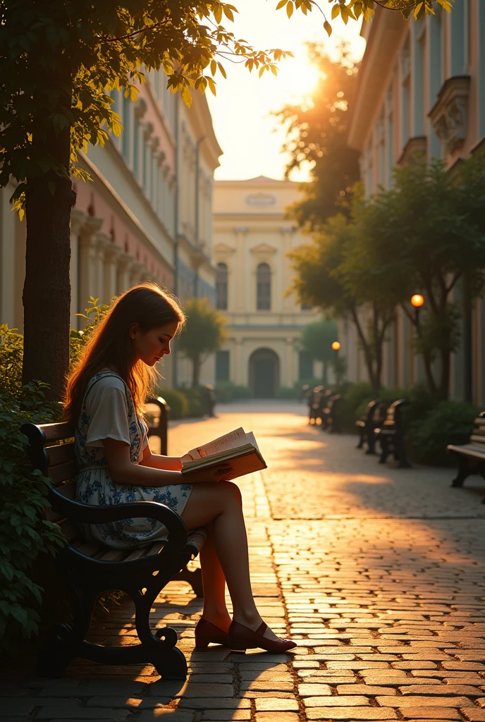 Courtyards of Saint Petersburg. evening, magic, shine, summer, Deserted, on the bench a girl reading a book, realistically, detailed, Photo, 4k