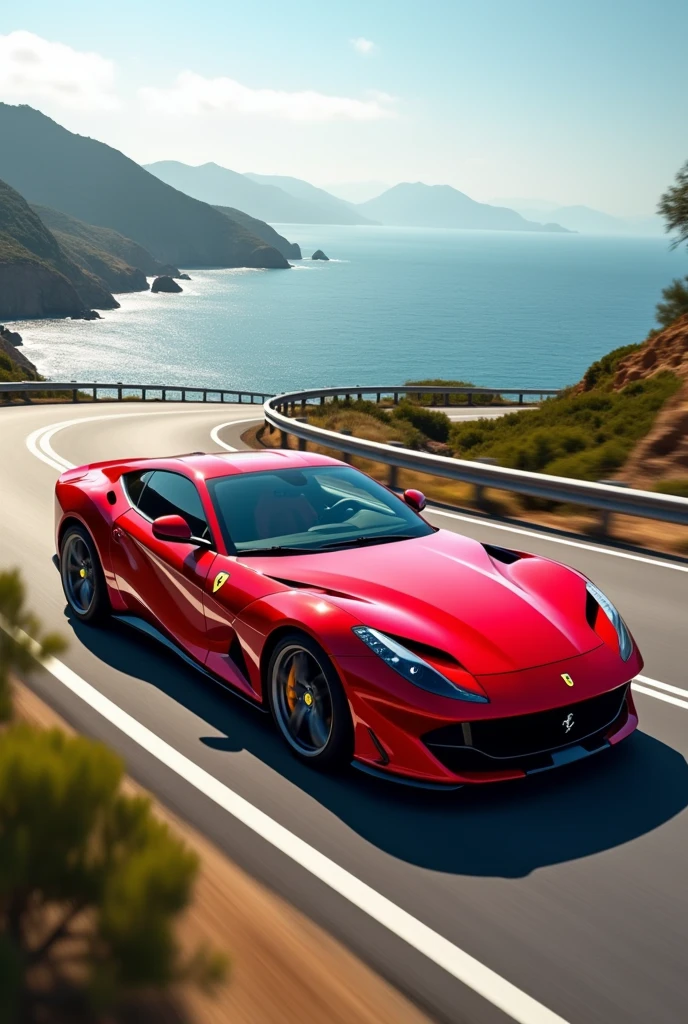 Ferrari 812 GTS superfast car racing on highway in beach red colour for mobile wallpaper size