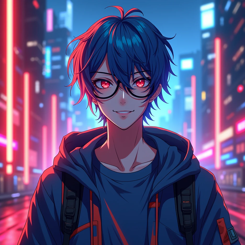 Create an anime-inspired male character that exudes a cool, modern vibe. He has striking blue hair, styled with fiery red streaks that add a touch of rebellious flair. He wears sleek, black glasses that convey intelligence and mystery, and his gaze is directed forward, capturing a confident and engaging presence. His outfit features a trendy gamer T-shirt, combining electric blue with bold red accents, complementing his dynamic personality.
The background should be a mesmerizing blend of neon red and blue hues, casting an ethereal glow around him. Imagine the setting as a futuristic cityscape, with neon lights reflecting off towering skyscrapers. The entire image should radiate a sense of energy and sophistication, capturing the essence of a vibrant and cutting-edge anime world.
His expression should include a slightly mischievous smile, emphasizing his cool demeanor. The neon elements should be integrated seamlessly, adding depth and dimension to the scene while enhancing the overall modern aesthetic.
