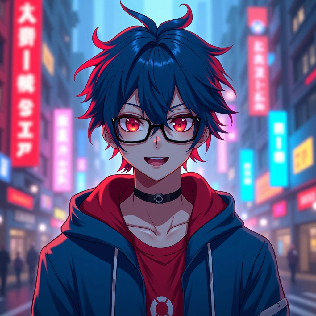 Create an anime-inspired male character that exudes a cool, modern vibe. He has striking blue hair, styled with fiery red streaks that add a touch of rebellious flair. He wears sleek, black glasses that convey intelligence and mystery, and his gaze is directed forward, capturing a confident and engaging presence. His outfit features a trendy gamer T-shirt, combining electric blue with bold red accents, complementing his dynamic personality.
The background should be a mesmerizing blend of neon red and blue hues, casting an ethereal glow around him. Imagine the setting as a futuristic cityscape, with neon lights reflecting off towering skyscrapers. The entire image should radiate a sense of energy and sophistication, capturing the essence of a vibrant and cutting-edge anime world.
His expression should include a slightly mischievous smile, emphasizing his cool demeanor. The neon elements should be integrated seamlessly, adding depth and dimension to the scene while enhancing the overall modern aesthetic.