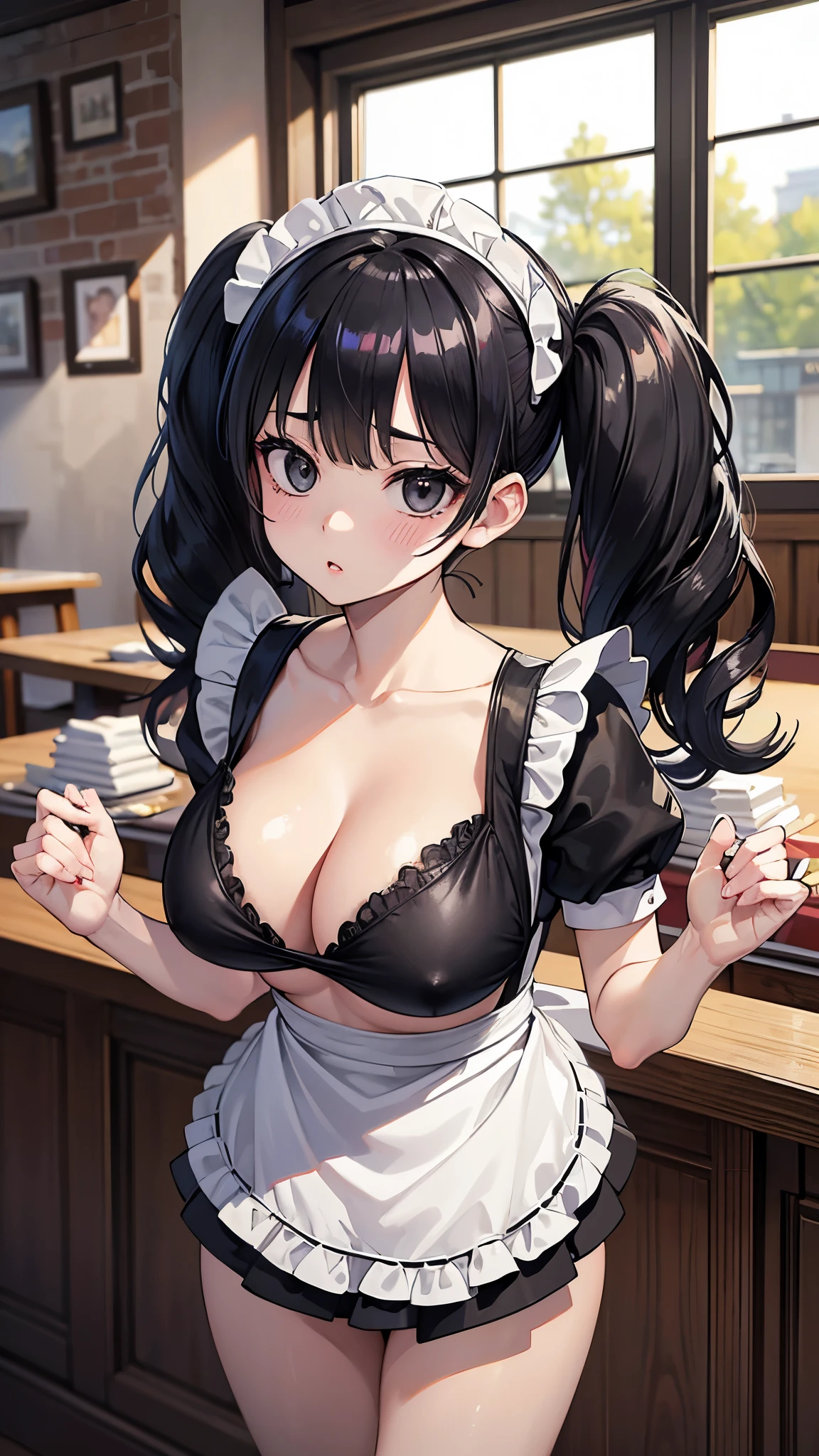 (masterpiece, 最high quality, 超High resolution, Very detailed), (Realistic:1.1, photoRealistic:1.4), Perfect illustration, Perfect lighting,Perfectly detailed hair, Perfect and exquisite face, Perfect collarbone, Perfect body,Juicy breasts, Perfect Thighs, Beautiful legs, View your audience, 1 person,Perfect Face, (Perfect Anatomy, Anatomically correct), Symmetrical face、((Shiny Hair)),Sexy Body、(masterpiece),(最high quality:1.3),8k,Very clear,(Ultra-realistic),Captivating woman,(high quality, High resolution, The finer details), Realisticなスタイルの女性,Juicy breasts、Perfect Woman、Perfect Face、Symmetrical face、、((Big breasts))、Cleavage、blush、((Juicy lips))、Cowboy Shot、(((Twin tails in a high position、Black Hair)))、((Large, double-set black eyes、Long eyelashes))、(Red Makeup)、(((Black Bikini Top)))、(((White frilly apron)))、(((naughty waitress)))、(Healthy and well-developed body)、((Big tits jk))、(indoor、restaurant)