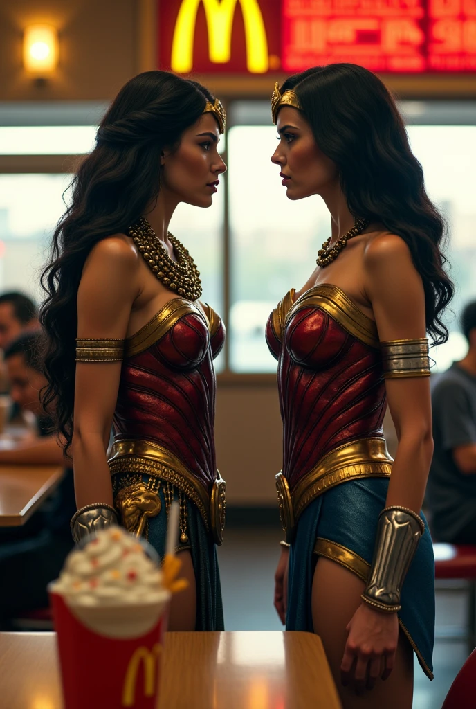 Cleopatra and Wonder Woman meet face to face at McDonald&#39;s with fries、Real image of someone eating a Mac Shake。