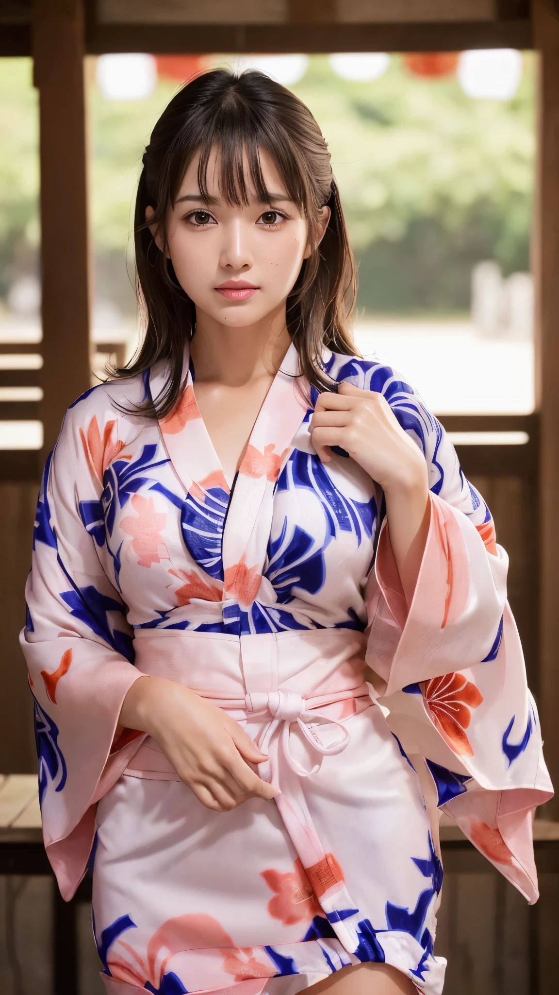 masterpiece, Highest quality,Very detailed,High resolution,(Realistic,photoRealistic:1.37),Excellent anatomy,One beautiful woman,1,Sexy Idol,(Focus on the thighs:1.5),(((No underwear:1.6))),A small smile,yukata,(shape),(((セクシーで可愛い 花模様 桃色 超超ミニ丈yukata:1.5))),(((Super short pink kimono print mini skirt))),((Very delicate and beautiful)),(Background of the summer festival:1.3),Brown Hair,Long Hair,bangs, Floating Hair NovaFrog Style,Very beautiful face,Cute type,Baby Face,Big Natural Color Lip,Big and pretty eyes,Brown eyes,Obvious double,Small and cute nose,Brown eyes,Shiny highlight spots around the eyes,Character Focus,Tilt your head,The best light,Best Shadow,Mysterious perfect face,Very detailed,Soft Skin,(Glowing Skin, Sweaty:1.4)'Beautiful feet, Voluptuous thighs,Plump body,Huge breasts,(Expressing the roundness and softness of the chest),Beautiful body,(The perfect woman)