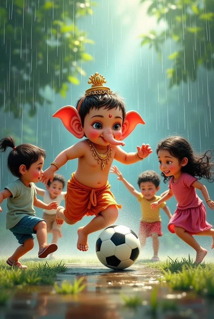  lord ganesha playing football with kids in rain