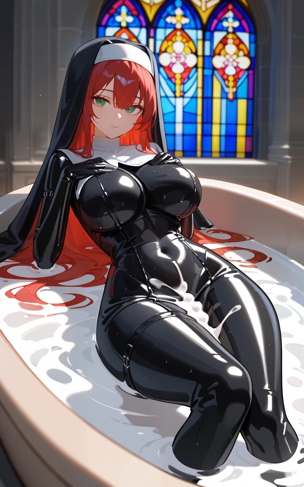 1 girl, best quality, masterpiece, church, stained glass, bathtub filled with a , red hair, green eyes, black latex nun outfit, shiny latex nun dress, long dress, extremely glossy latex(2.0), big breasts, big thighs, big butt, hourglass figure, bathing in cum, sumbmerged in cum, laying in tub, covered in cum, hair wet with cum