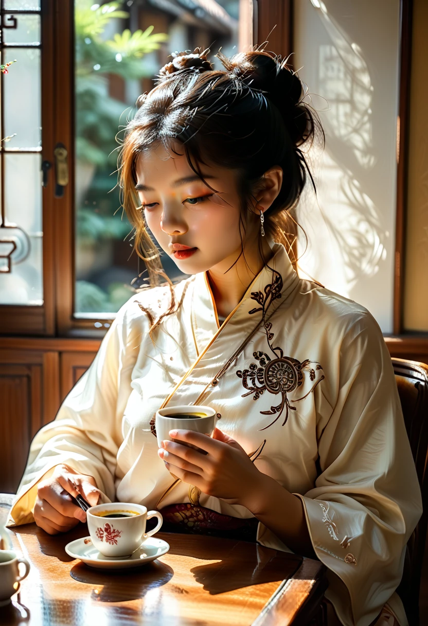 a close up of a woman sitting at a table with a cup of coffee, palace ， a girl in hanfu, a young woman as genghis khan, beautiful oriental woman, chinese woman, chinese girl, chinese princess, an asian woman, a young asian woman, ancient chinese princess, asian woman, wearing ancient chinese clothes, traditional beauty, young asian girl